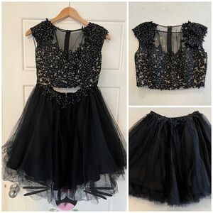 EMOTION Two Piece Cropped Black Mesh Glam Lace Tutu Mini Prom Punk Dress Outfit